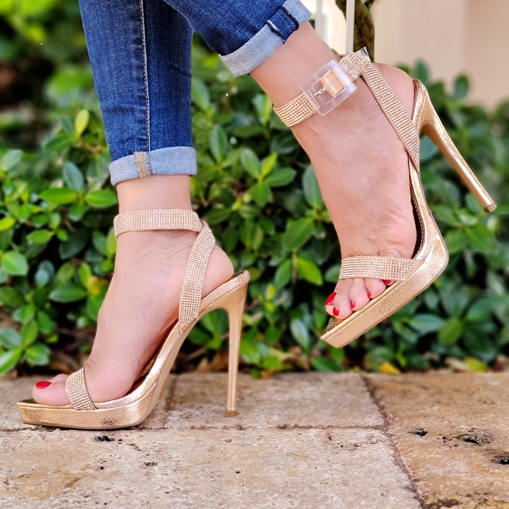 Women's Ankle Strap Rhinestone High Heels Pointy Toe RoseGold Color